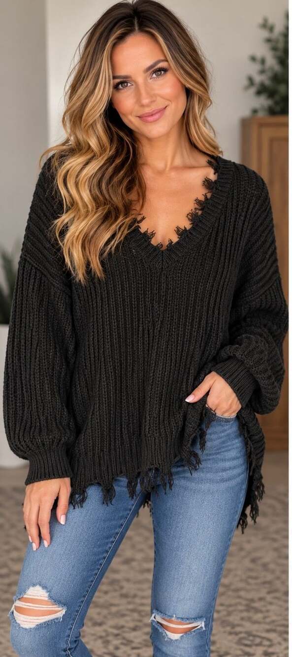 Rue Plus V-Neck Sweater Size 2X Black Distressed Knit Pullover